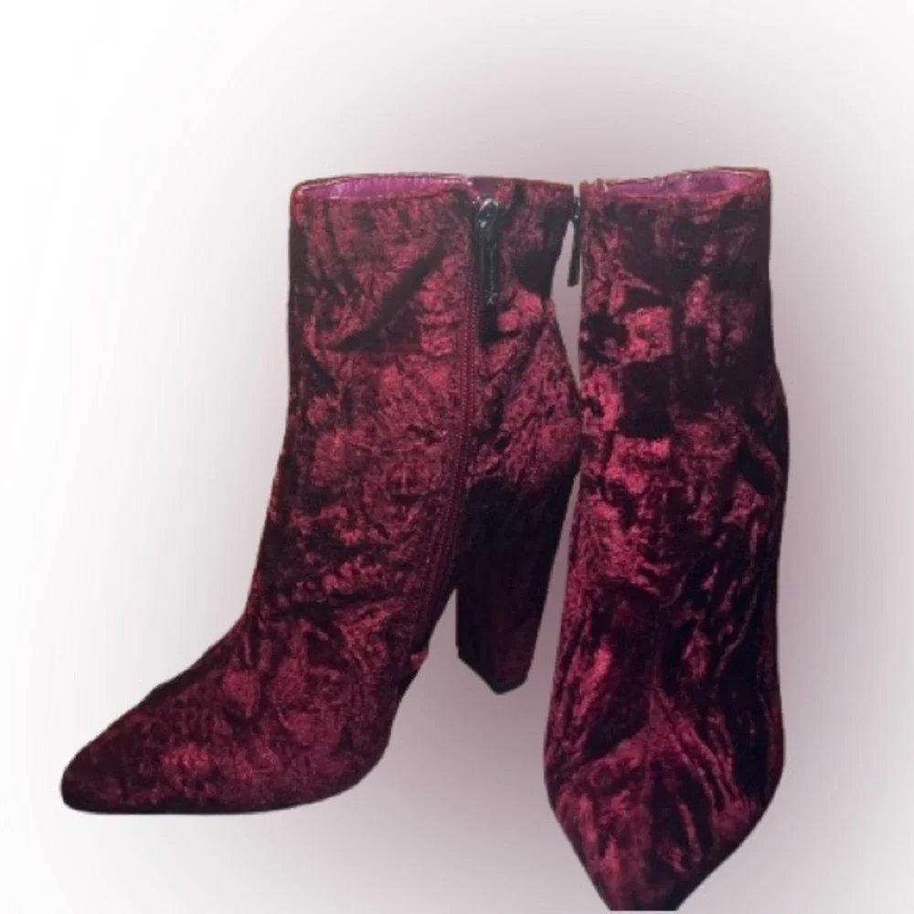 Jessica Simpson Burgundy Crushed Velvet Heeled Boots Size 6 Women’s - Picture 7 of 16